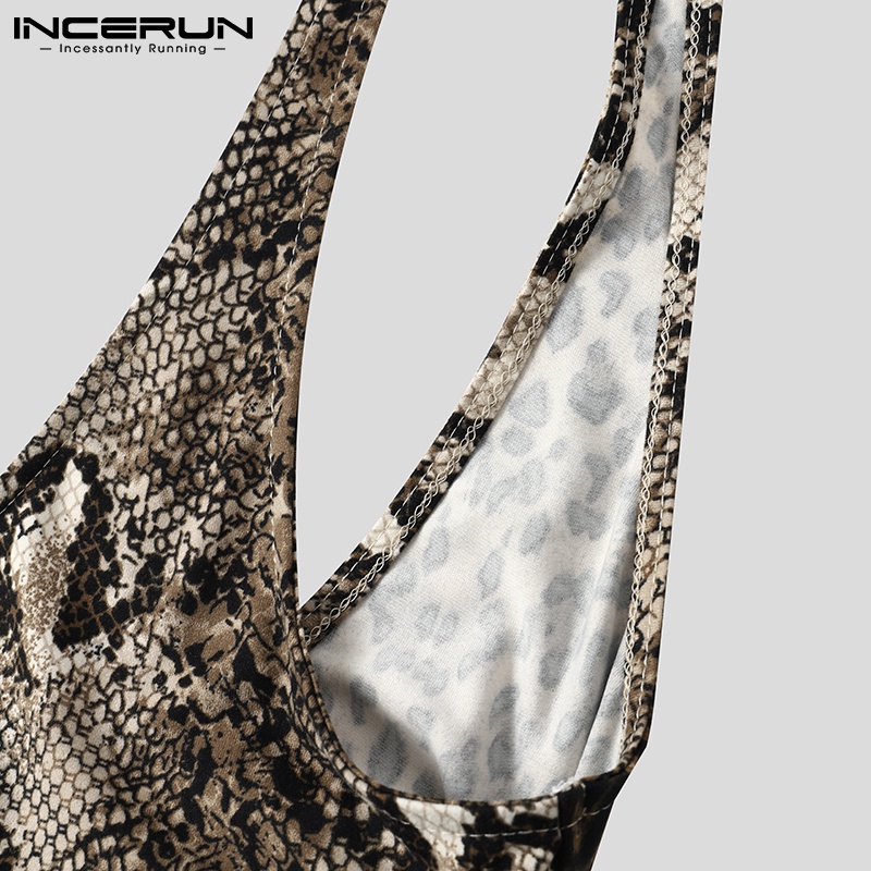 Áo liền quần nam INCERUN dáng ôm lưng chữ T dạng dây không tay in họa tiết gợi cảm