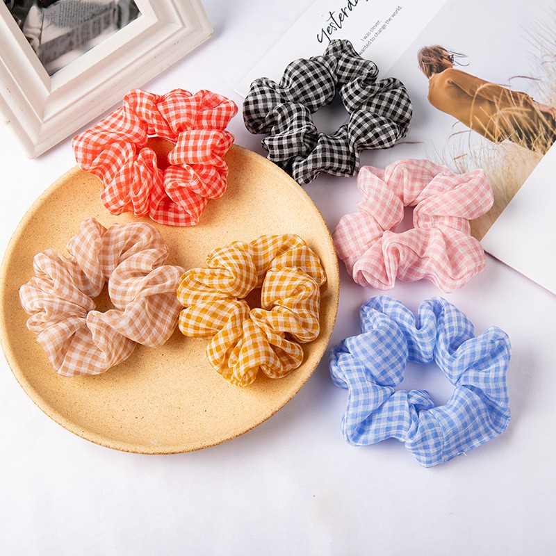 Chun buộc tóc scrunchies đuôi ngựa họa tiết kẻ caro mã HA373