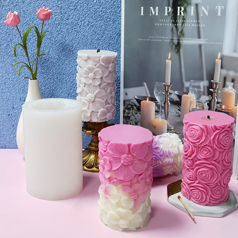 Khuôn Silicone Làm Nến Thơm Hình Trụ Họa Tiết Hoa Hồng / Bướm DIY
