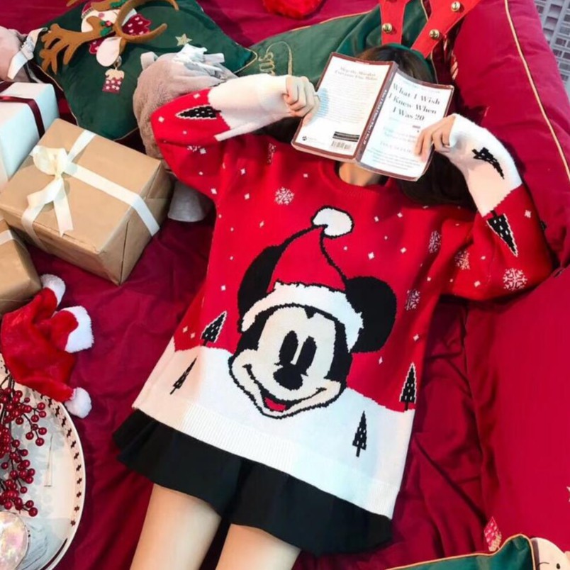 Áo sweater cổ tròn hoạ tiết chuột Mickey phong cách Giáng Sinh