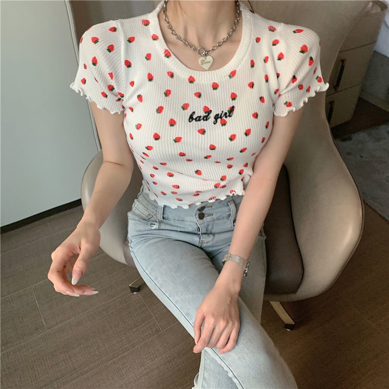 AMOI Áo Thun Dệt Kim Tay Ngắn In Họa Tiết Hoa Phong Cách Hàn Quốc Cổ Điển Thời Trang Cho Nữ