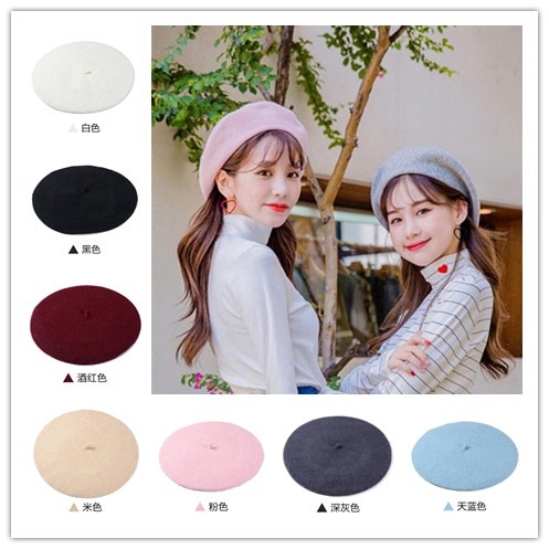【sweet】Korean Women retro Classic Warm Hairy Beret Hat candy color Fedora Beanie Cap