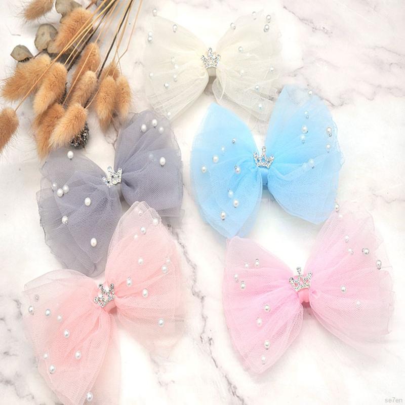 Set 7 Kẹp Tóc Nơ Vải Lưới Xinh Xắn Cho Bé Gái