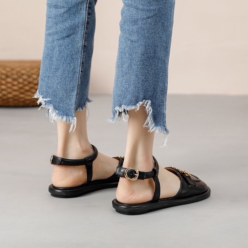 Xăng đan Da Thật 1.5cm Phối Nút Kim Loại Thời Trang Cho Nữ
