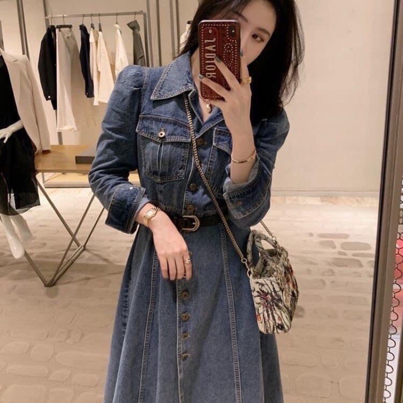 Đầm midi denim xoè thời trang, váy bò dáng xoè dài, đầm bò dáng dài sang chảnh