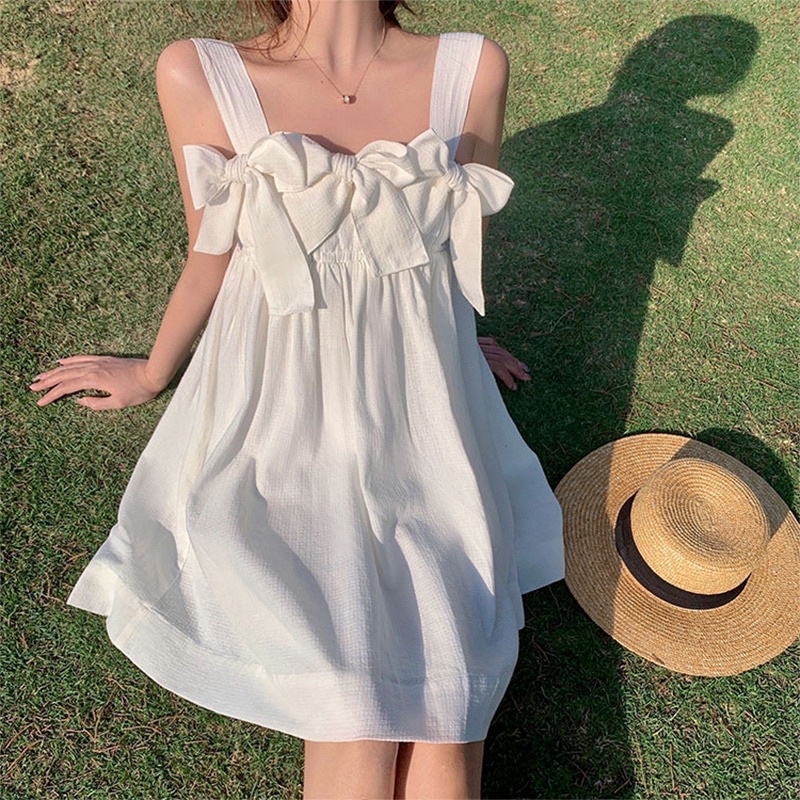 Đầm Nữ Loại Đẹp 2 Dây Babydoll Buộc NƠ Váy, Hai Dây Công Chúa Bánh Bèo Đen Trắng