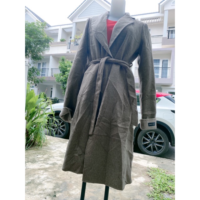 Áo khoát dạ ép dáng dài màu xám cột eo