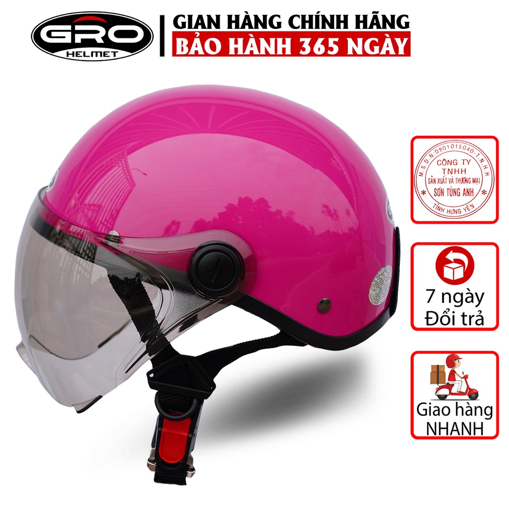 Mũ Bảo Hiểm Nửa Đầu GRO Helmet có kính che nửa mặt, kiểu dáng thời trang, khóa kim loại chắc chắn - Hồng Đậm