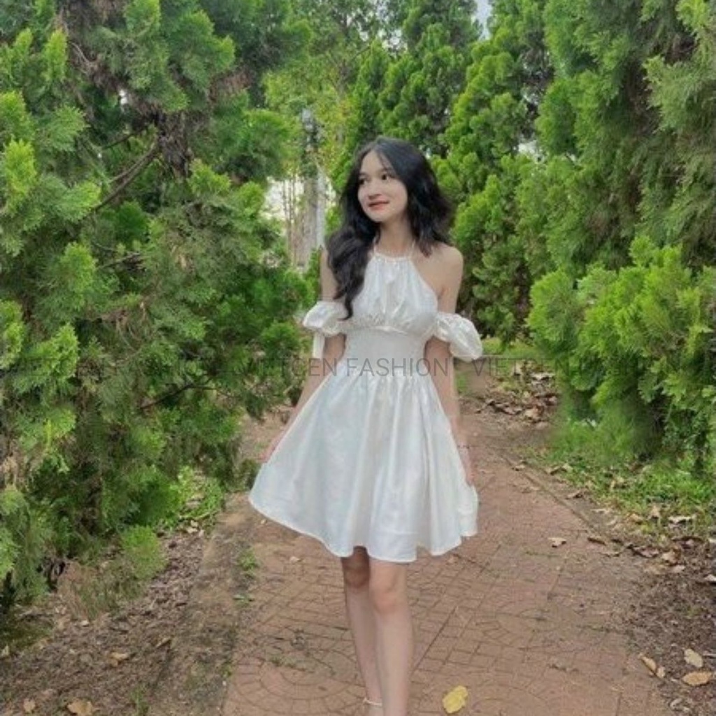 Váy Cổ Yếm Nữ Dáng Xòe Đầm Trễ Vai Tiểu Thư Vintage 2 Màu Đen TrắngUlzzang Dễ Thương  - VIETCEN