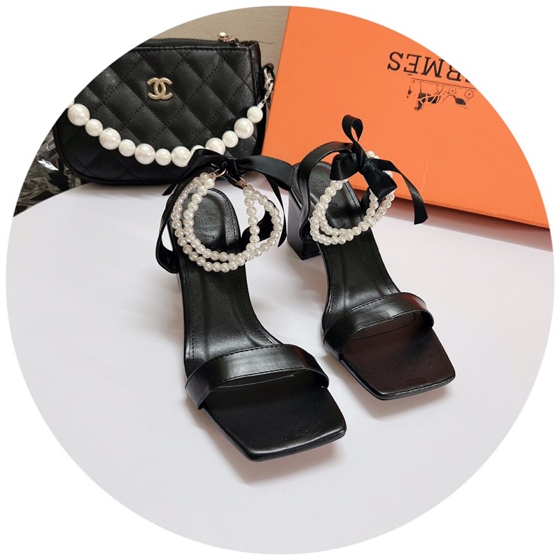 [Kho buôn giày vnxk] GIÀY SANDAL QUAI NGANG GÓT VUÔNG 7p-2 VÒNG NGỌC CỔ CHÂN