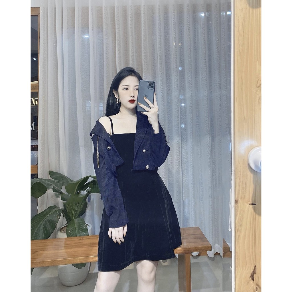 Sét Váy Áo Khoác Nhung Cổ Vest + Váy 2 Dây Body | BigBuy360 - bigbuy360.vn