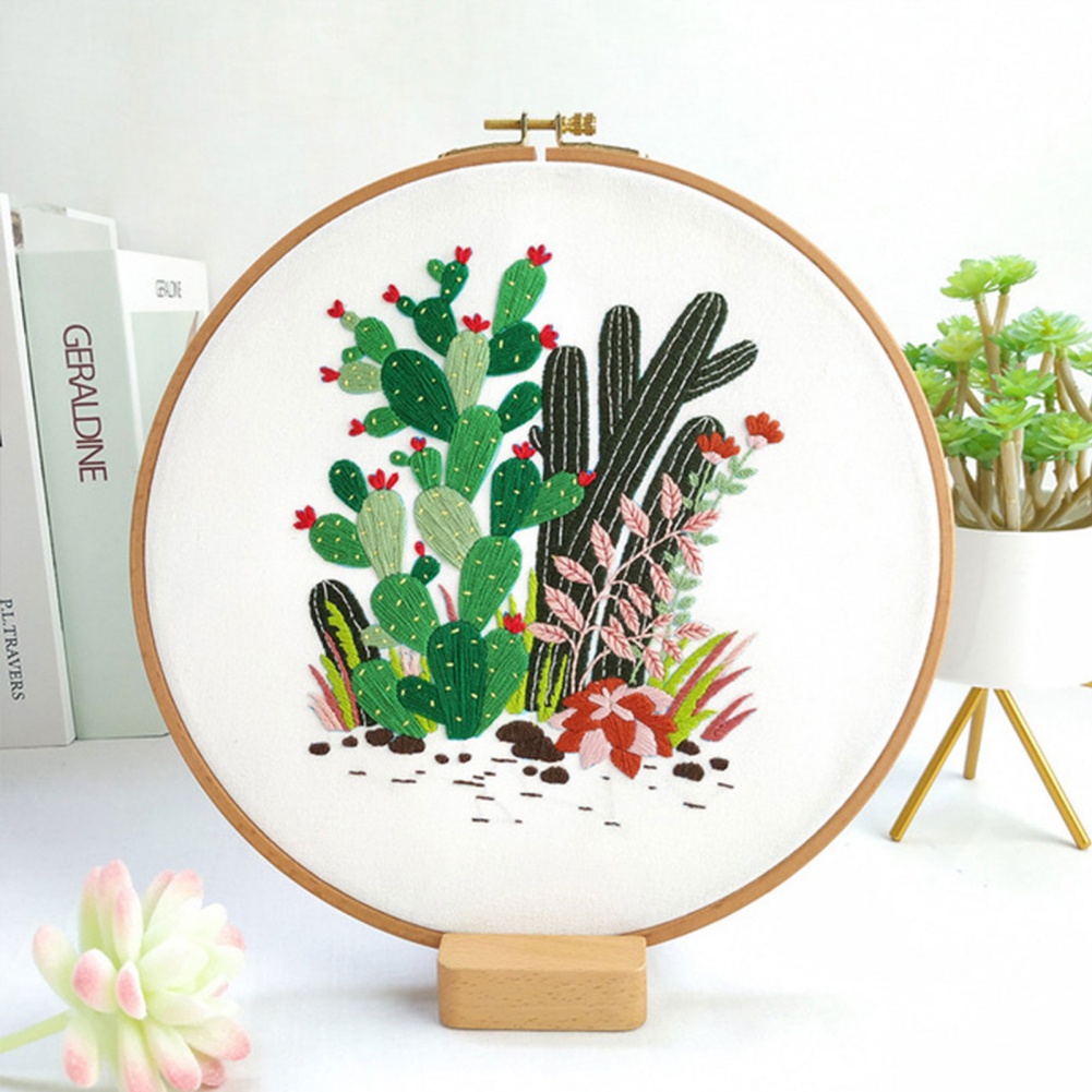 Bộ tranh thêu chữ thập hình tròn bằng cotton hình cây hoa DIY