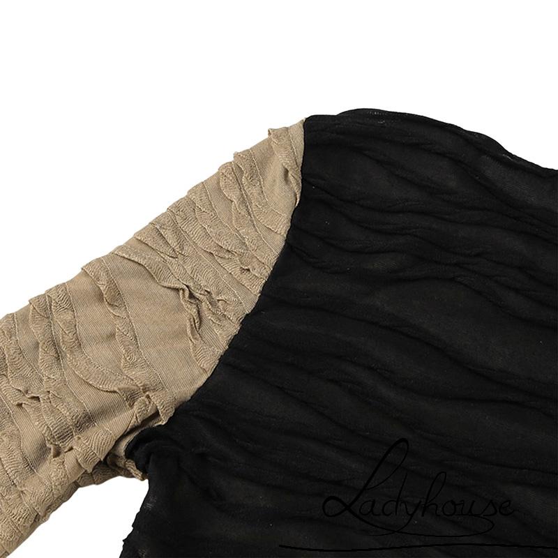 Áo Croptop Tay Dài Xếp Ly Một Hàng Nút Màu Sắc Tương Phản Cho Nữ