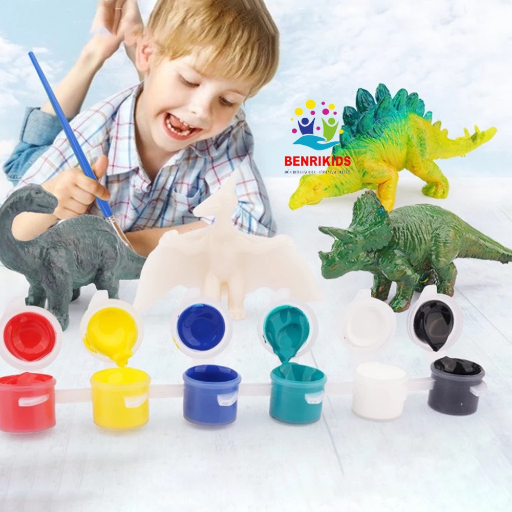 Sét 6 Màu Sơn Kèm Cọ Tô Màu, Màu Acrynic Dùng Để Pha, Tô Khủng Long Gỗ Chưa Sơn Của Đồ Chơi Gỗ