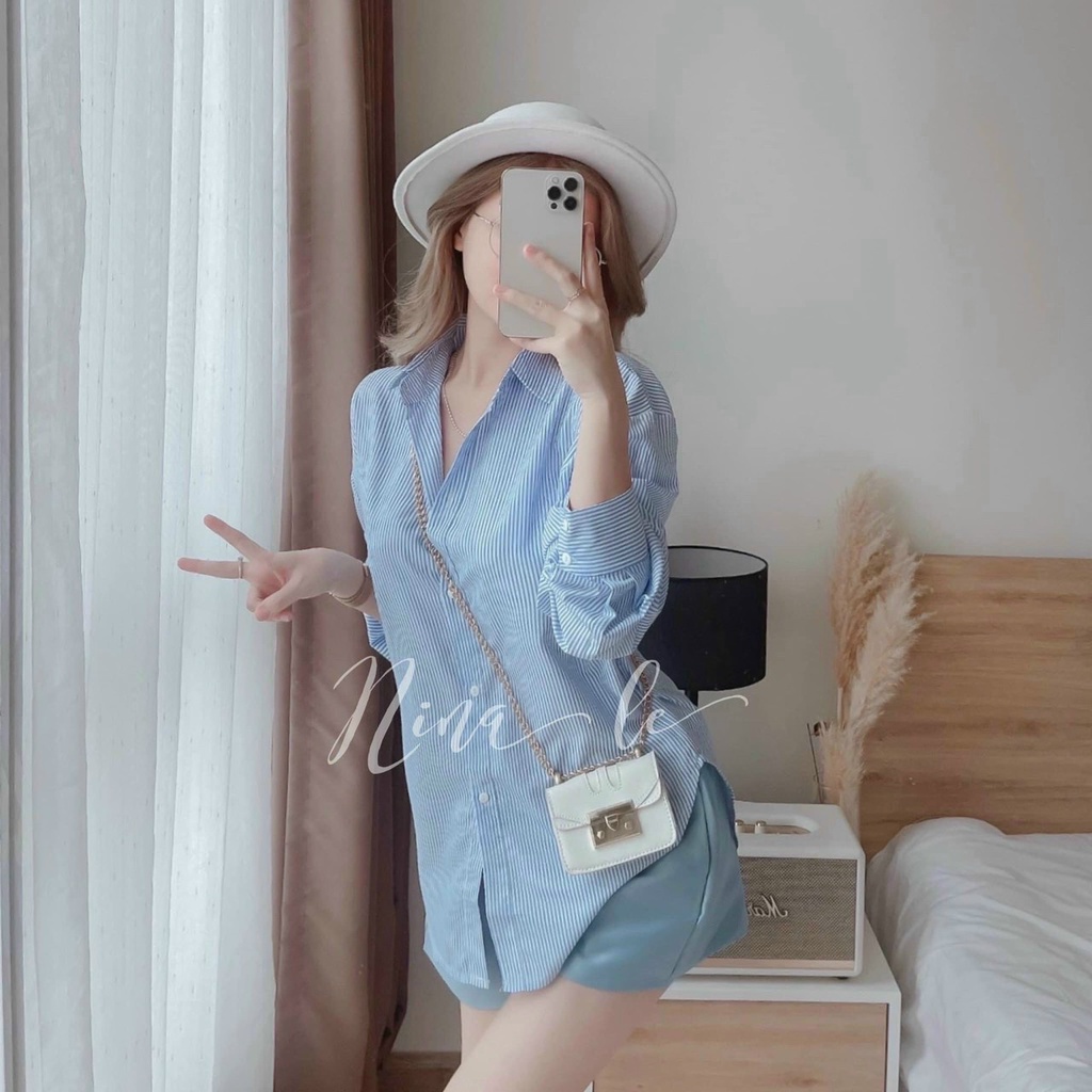 (FreeShip 2022) Sét bộ nữ kẻ sọc from rộng,áo sơ mi lụa tay dài mix quần có túi,hàng chuẩn shop có 3màu hottren