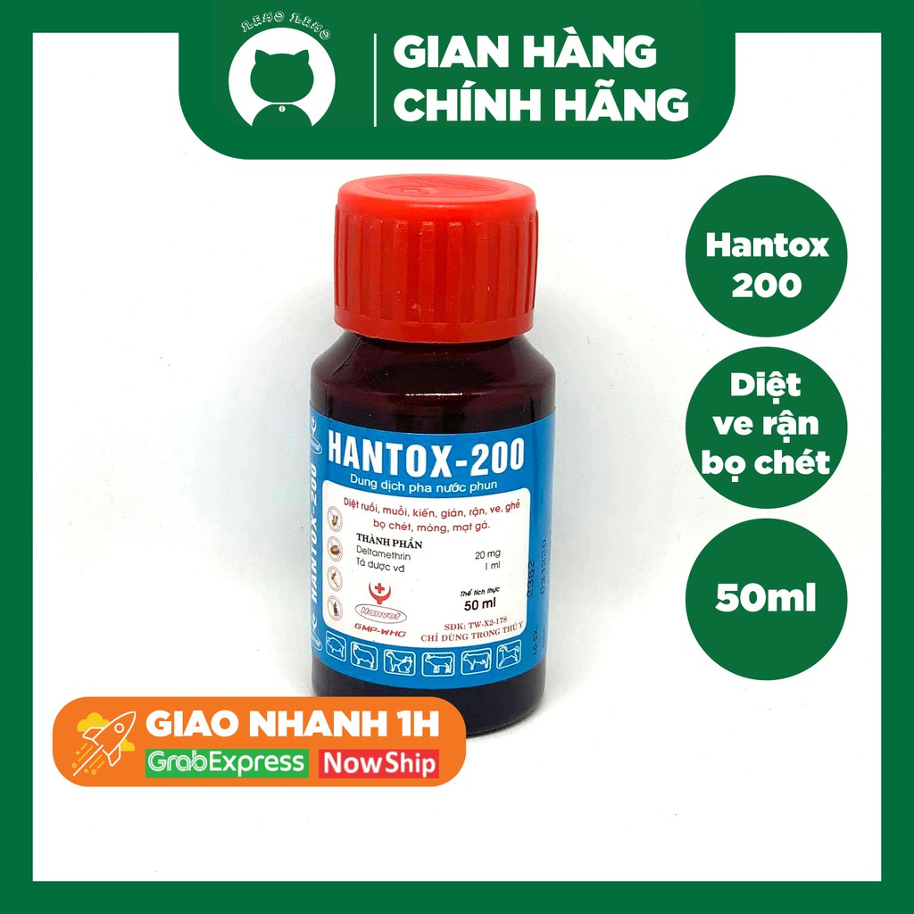 Hantox 200 vệ sinh nơi ở cho chó mèo, chống kiến, ve, rận 50ml