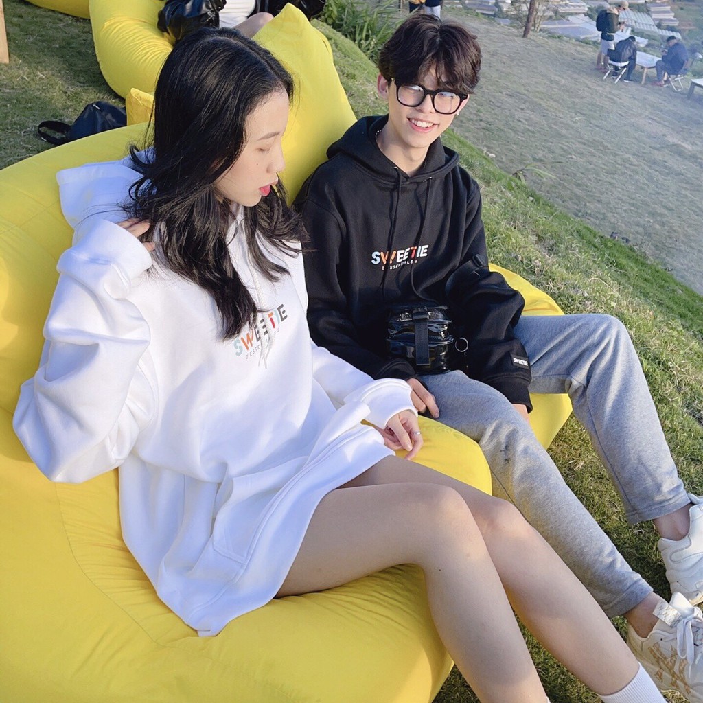 Áo Hoodie SWEETIE LOGO nỉ bông cotton 720g màu Trắng + Đen