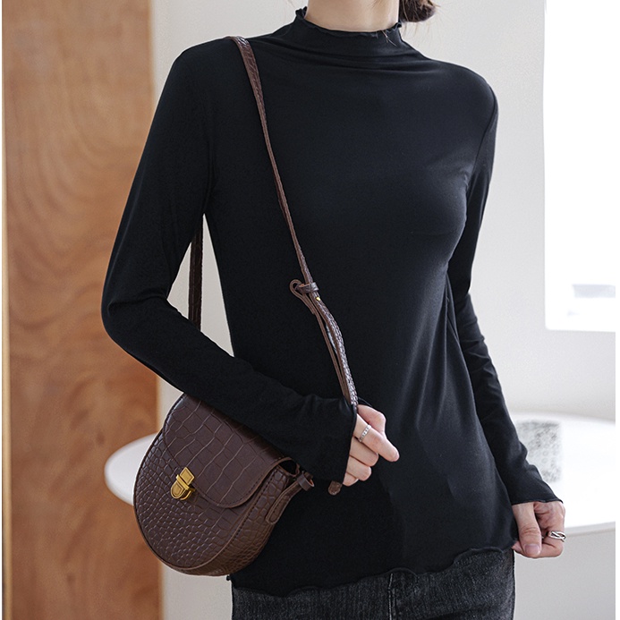 Áo Thun Tay Dài Cổ Cao Màu Trơn Phong Cách Mới Mùa Thu Cho Nữ