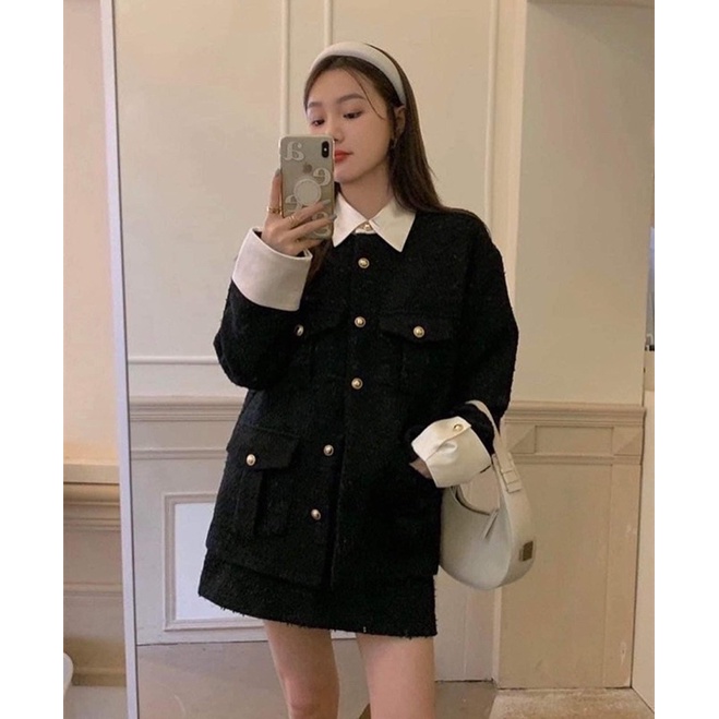 [Mã FAMARAL1 giảm 10K đơn 50K] Set dạ tweed đen phối tay sơ mi chất dạ dày dặn form đẹp