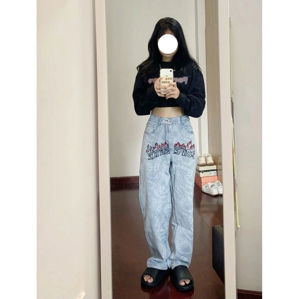 Quần Jeans Ống Suông Thêu Họa Tiết Phong Cách HipHop Âu Mỹ Thời Trang Mùa Thu Cho Nữ