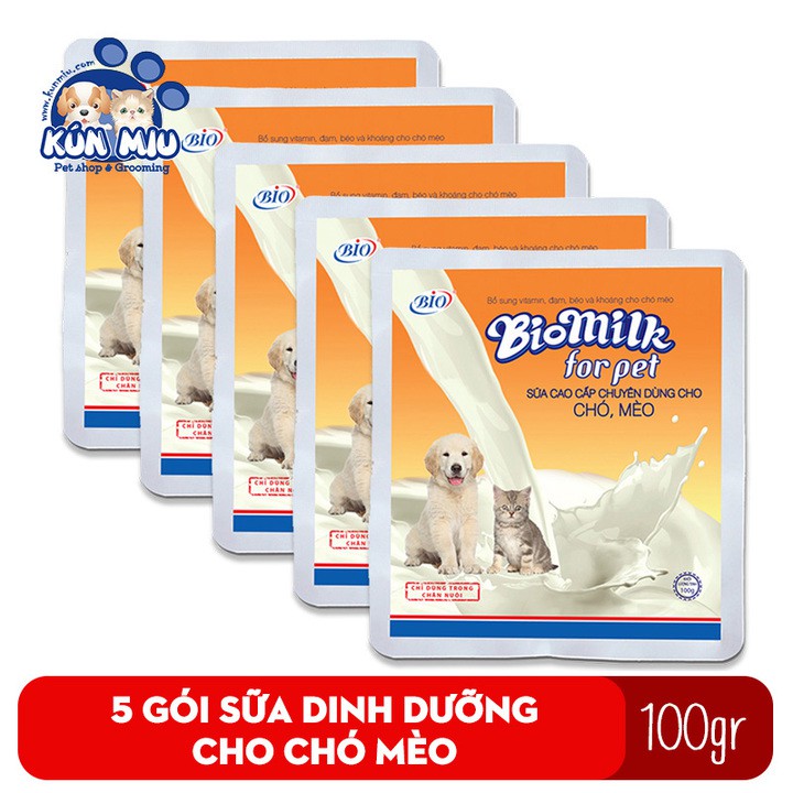Combo 5 gói Sữa bột cho chó mèo Bio Milk 100gr cung cấp dinh dưỡng cho chó, mèo