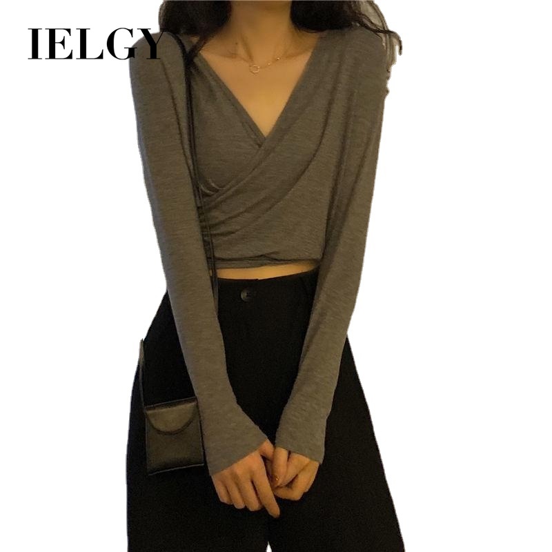Áo thun ngắn IELGY ôm sát tay dài cổ chữ V thiết kế thời thượng cho nữ