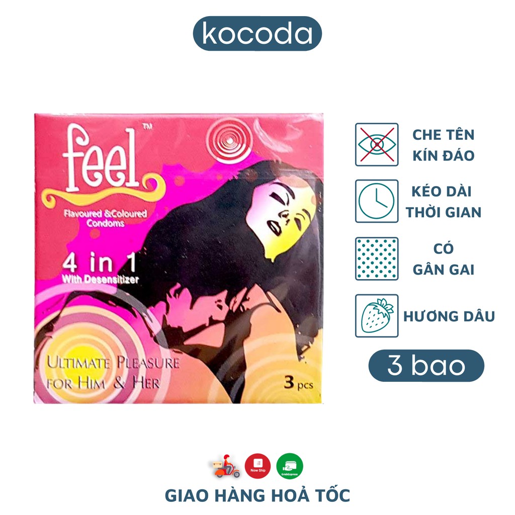 Bao cao su Feel 4 in 1 Siêu Mỏng Gân Gai Kéo Dài Thời Gian Hộp 3 - KOCODA