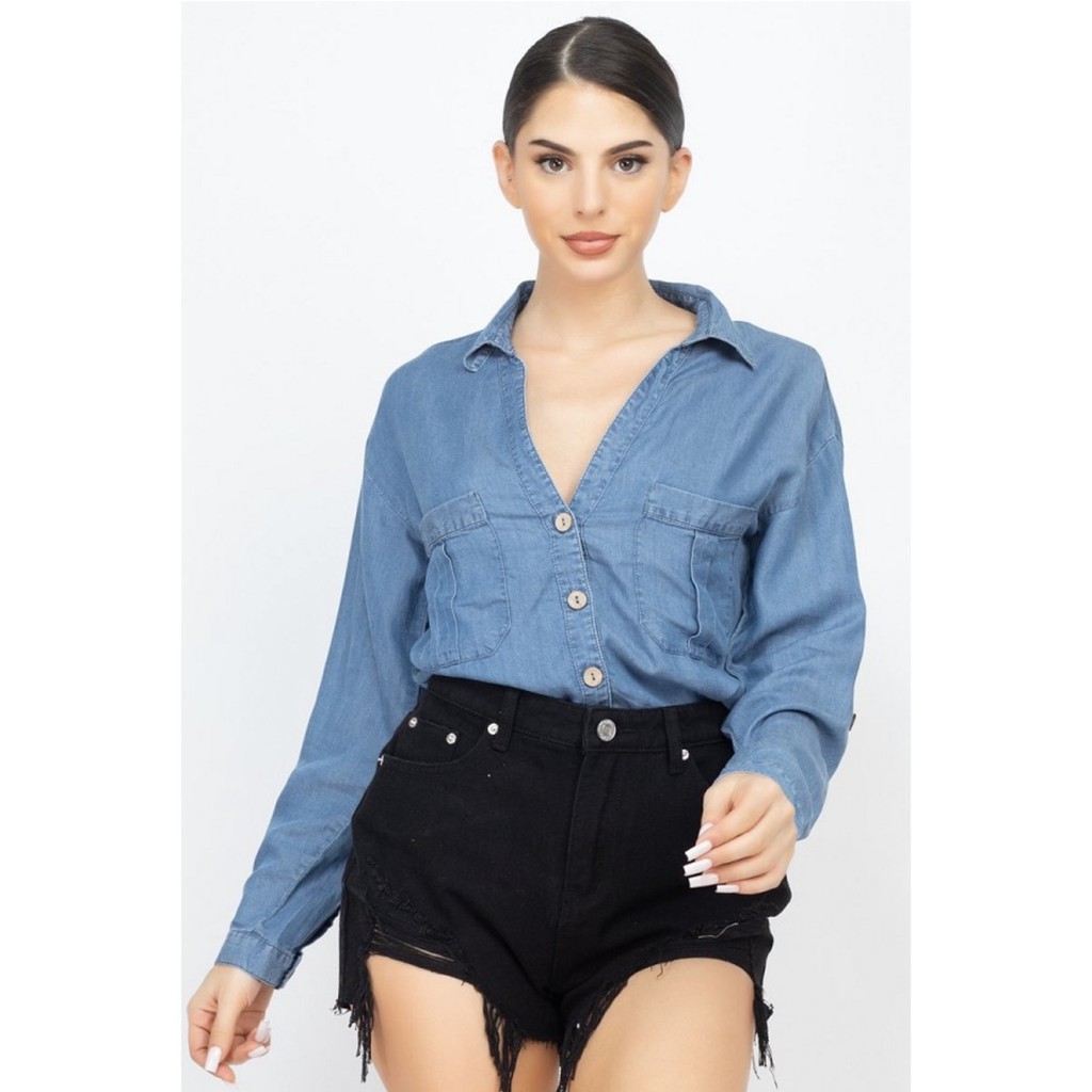 Áo sơ mi jean dài tay cổ đức khuy gỗ BIGSIZE