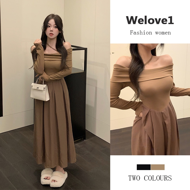 Đầm dài tay trễ vai màu đen/ nâu lạc đà phong cách Hàn Quốc dành cho nữ
