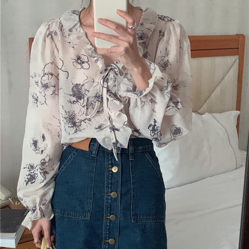 SUXI Áo Sơ Mi Chiffon Tay Dài Cổ Chữ V Họa Tiết Hoa Phong Cách Vintage Hàn Quốc