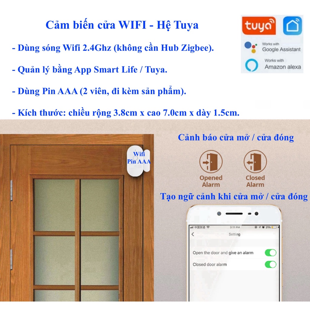 Cảm biến cửa, cảm biến rung thuộc Hệ sinh thái Tuya, kết nối Wifi/ Zigbee, App Smart Life/ Tuya -