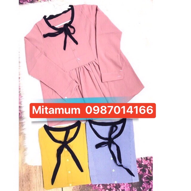 Áo bà bầu dài thu đông dáng babydoll chất đũi công sở đu chơi kẻ tăm