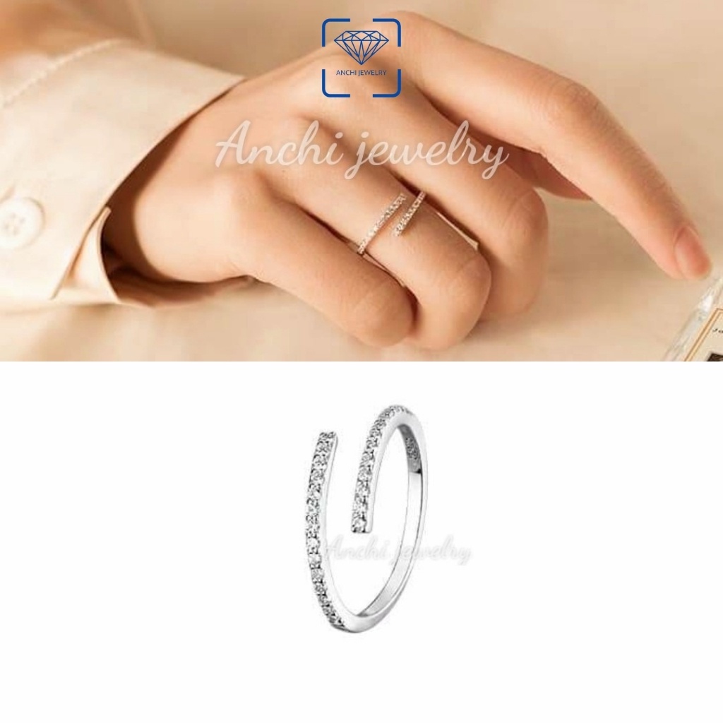 Nhẫn nữ hở full đá, chuẩn bạc ta - mẫu dày dặn, Anchi jewelry