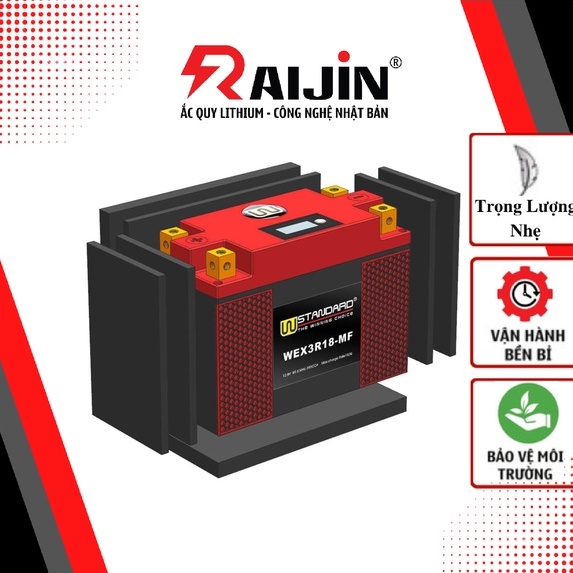 Bình ắc quy xe máy lithium WEX3R18-MF điện áp 12,8V 390CCA nhập khẩu USA dành cho xe mô tô dung tích xi-lanh lớn.