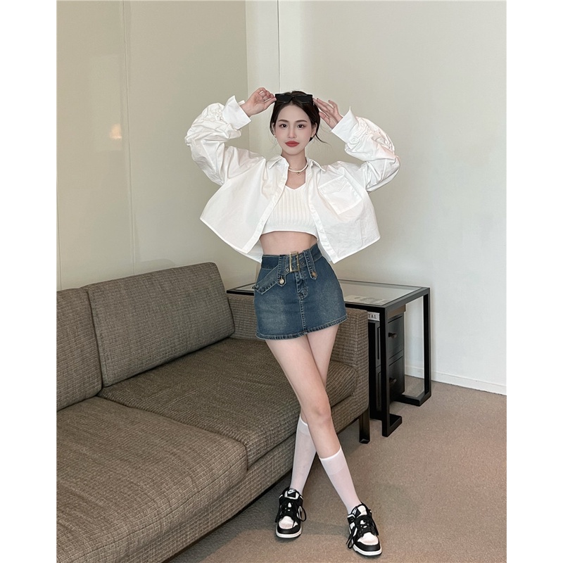 Bộ Áo Sơ Mi Dài Tay Phối Nút + Áo Khoác Dệt Kim Không Tay Xinh Xắn