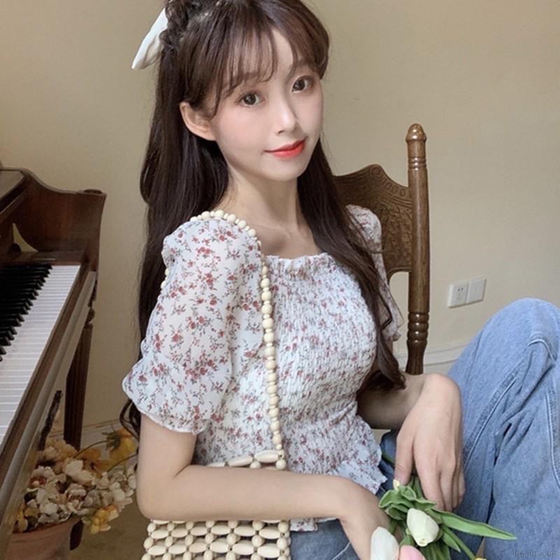 🌼🌼🌼SALE LỖ - Hàng QC Áo voan hoa ngắn tay cổ vuông xinh xắn theo phong cách Hàn quốc