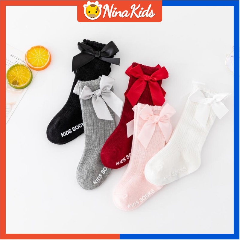 Tất   chất cotton màu trơn trang trí nơ dành cho bé 0-4 tuổi