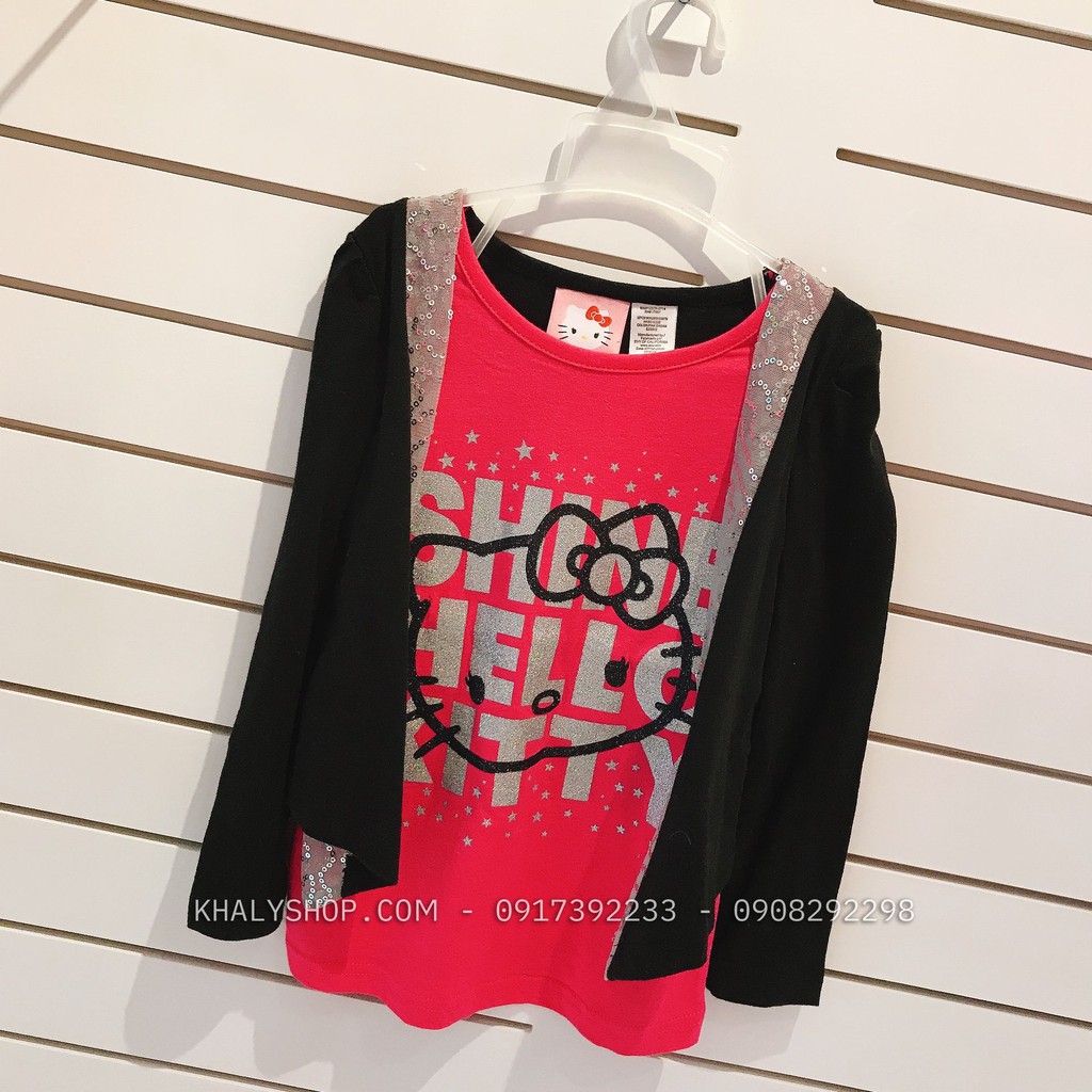 Áo tay dài khoác giả trẻ em hình mèo Hello Kitty màu hồng đen kim sa lấp lánh size XS , M cho bé gái 4-8 tuổi (Mỹ US-UK)