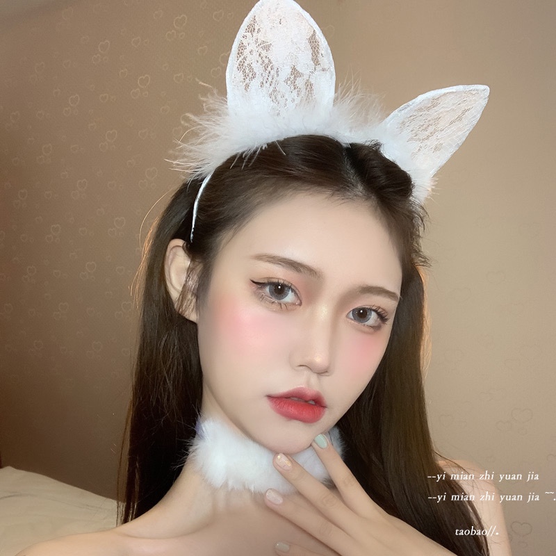 Bờm ren cài tóc cosplay tai mèo phối lông vũ xinh xắn THE CELYNBRA