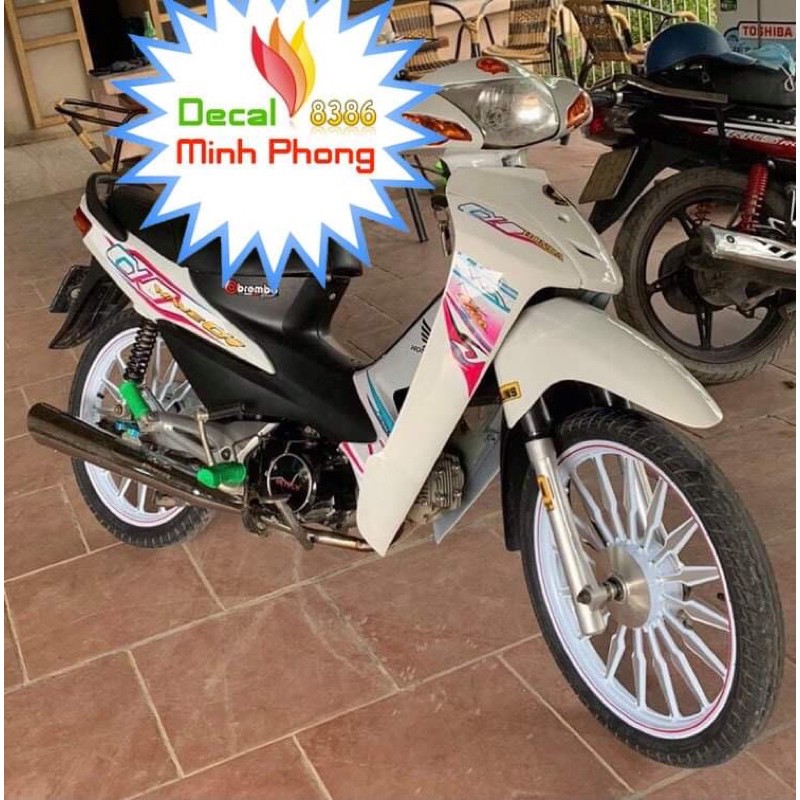 Tem xe wave alpha 100-50cc hồng xanh trắng,tem 3 lớp in tặng kèm nhiều hình dán nhỏ
