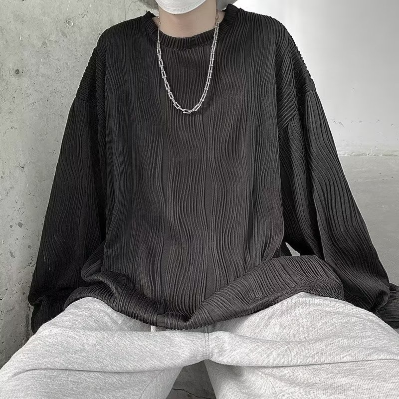 Áo Thun Tay Dài Cổ Tròn Bigsize Đơn Giản Thời Trang unisex Phong Cách Hàn Quốc nếp gấp kết cấu Cổ tròn Áo sơ mi dài tay tròn