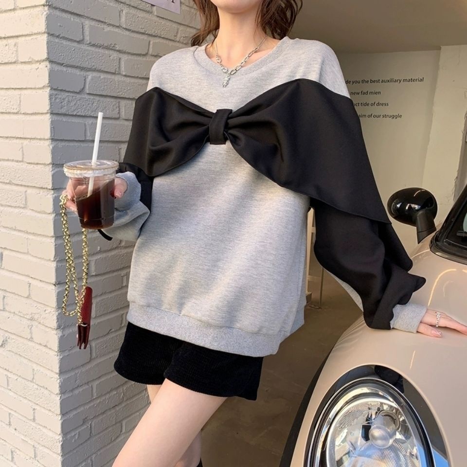 Áo kiểu COZOKC tay dài dáng rộng phối nơ màu tương phản phong cách Hàn Quốc