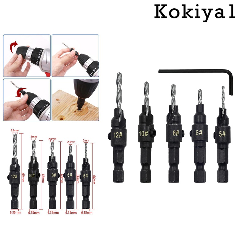 [HOT] 5 Pcs HSS Steel Countersink Drill Bits with Wrench for Woodworking