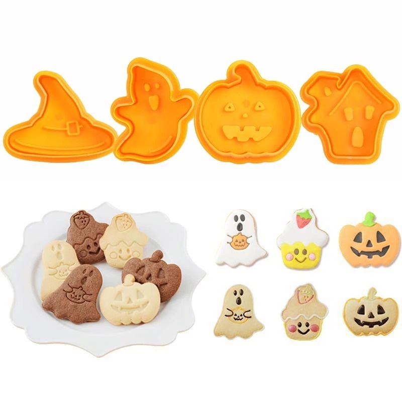 Set 4 Khuôn Cắt Bánh Quy Bằng Nhựa Họa Tiết Hoạt Hình 3D Phong Cách Halloween
