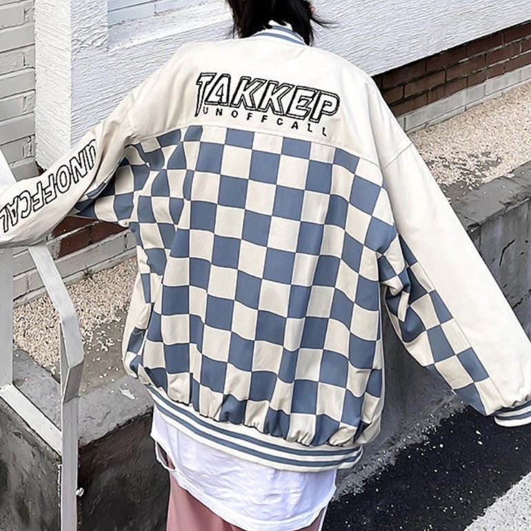 Áo Khoác Bomber Kẻ Caro Nỉ Thêu Chữ TAKKEP