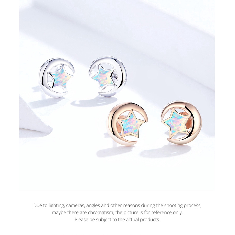 Khuyên tai Bamoer bạc 925 hình mặt trăng và ngôi sao 2 màu thời trang