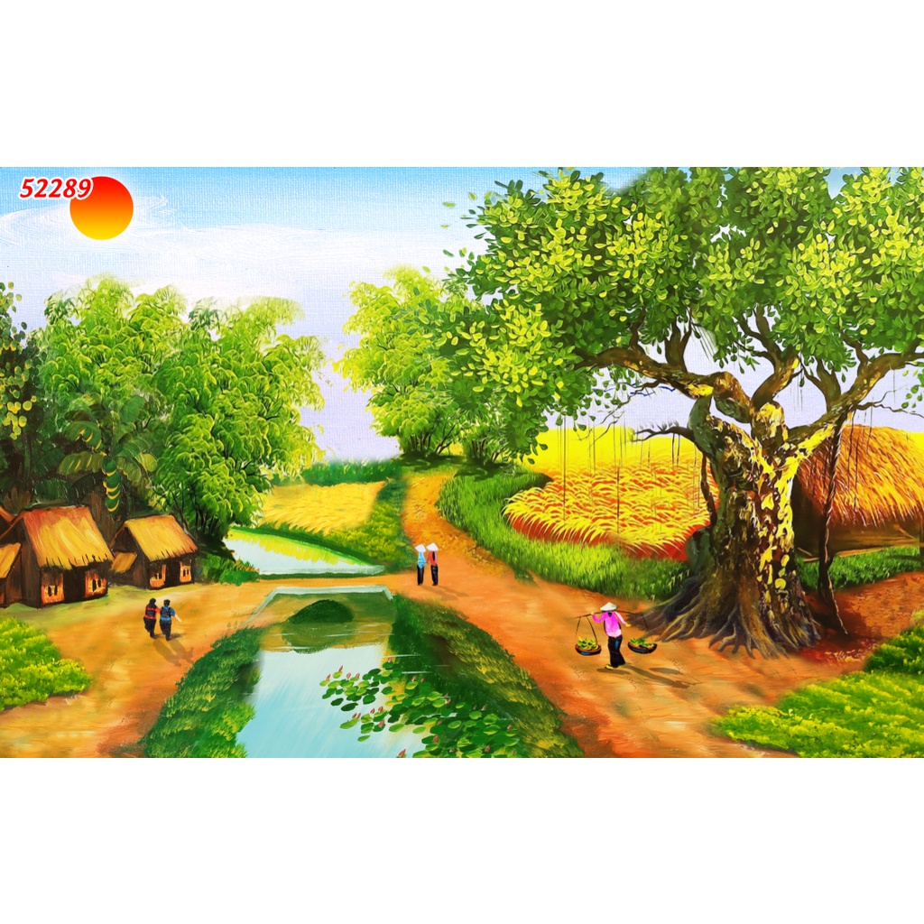 Tranh Làng Quê Việt Nam Thời Xa Xưa nhiều kích thước, làm theo yêu cầu, không giời hạn kích thước