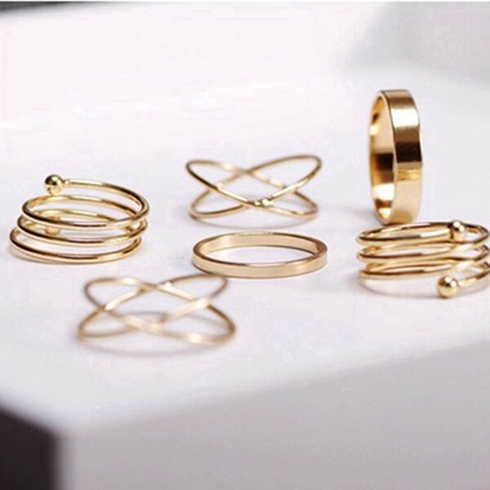 [Mã FAMAYFA giảm 10K đơn 50K] Set 6 nhẫn màu vàng thiết kế đơn giản có thể điều chỉnh phong cách cổ điển cho nữ