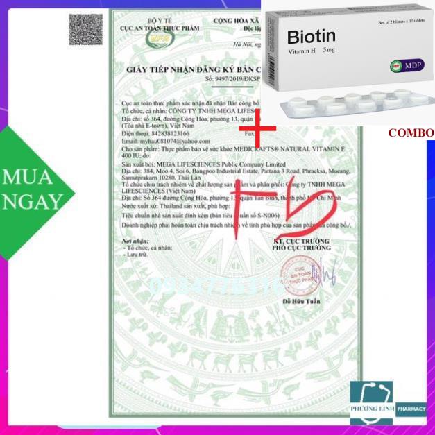 Combo Biotin 5mg+ E NAT 400 làm đẹp da , chống lão hoá....( hộp 30 viên)