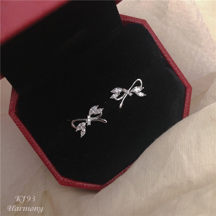 Khuyên tai nữ bạc 925 mặt nơ mảnh đính đá màu xi bạch kim cực xinh | HARMONY ACCESSORIES K193